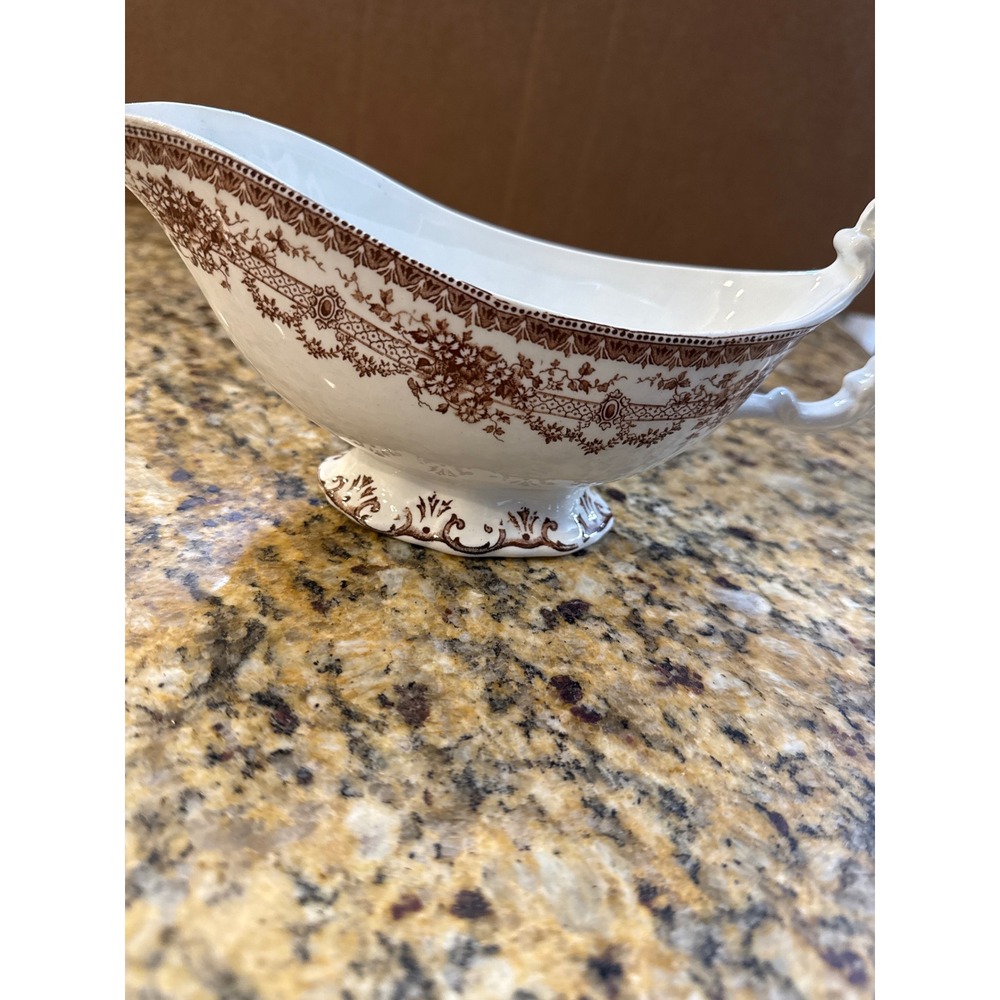 FW & Co England Blenheim Brown Transferware Gravy Boat Antique Footed Sauce